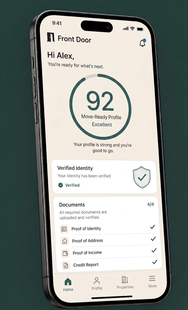 Front Door app showing a verified Move-Ready Profile with a score of 92